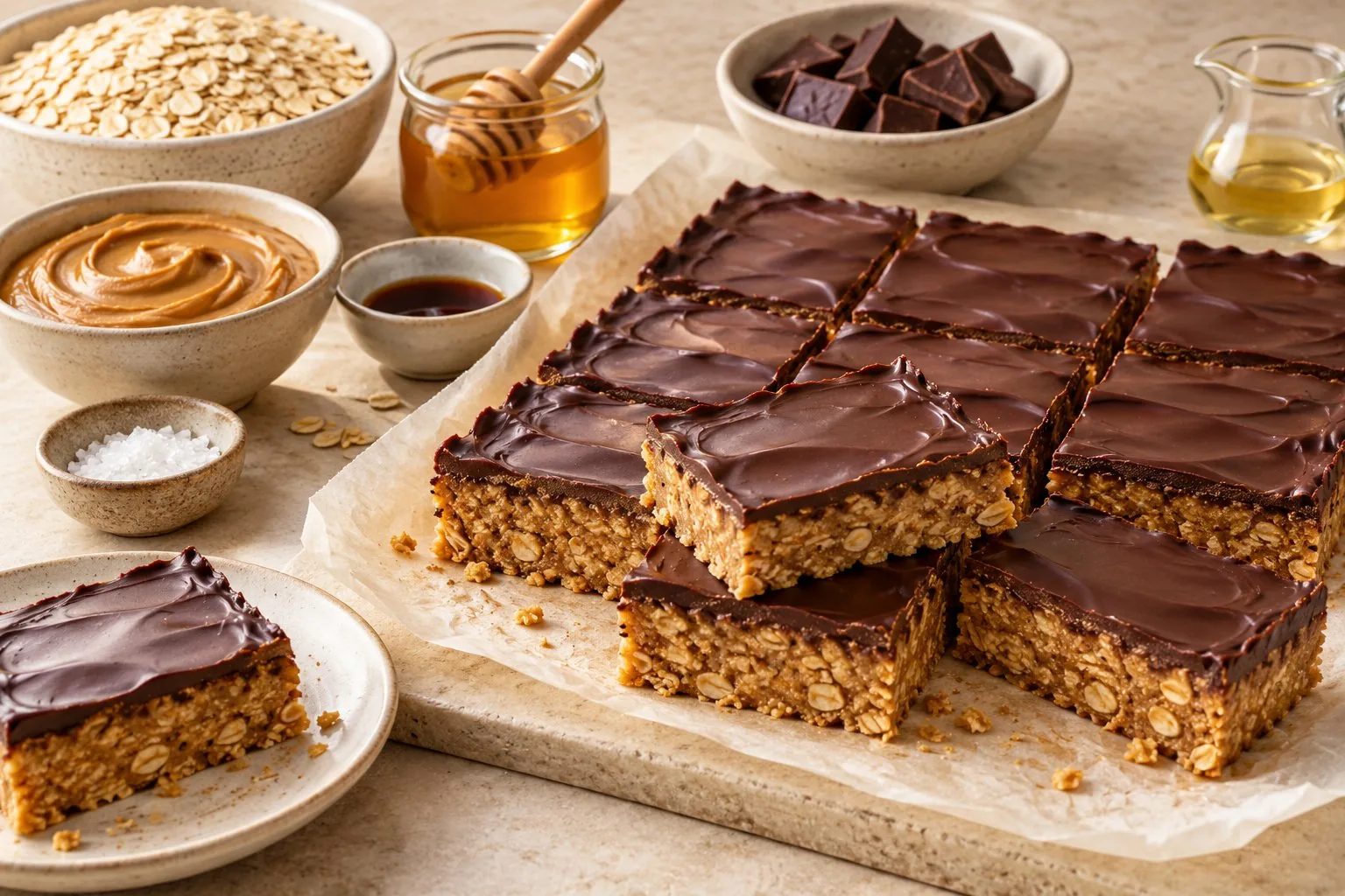 No-Bake Chocolate Peanut Butter Oat Bars — AI-generated recipe illustration