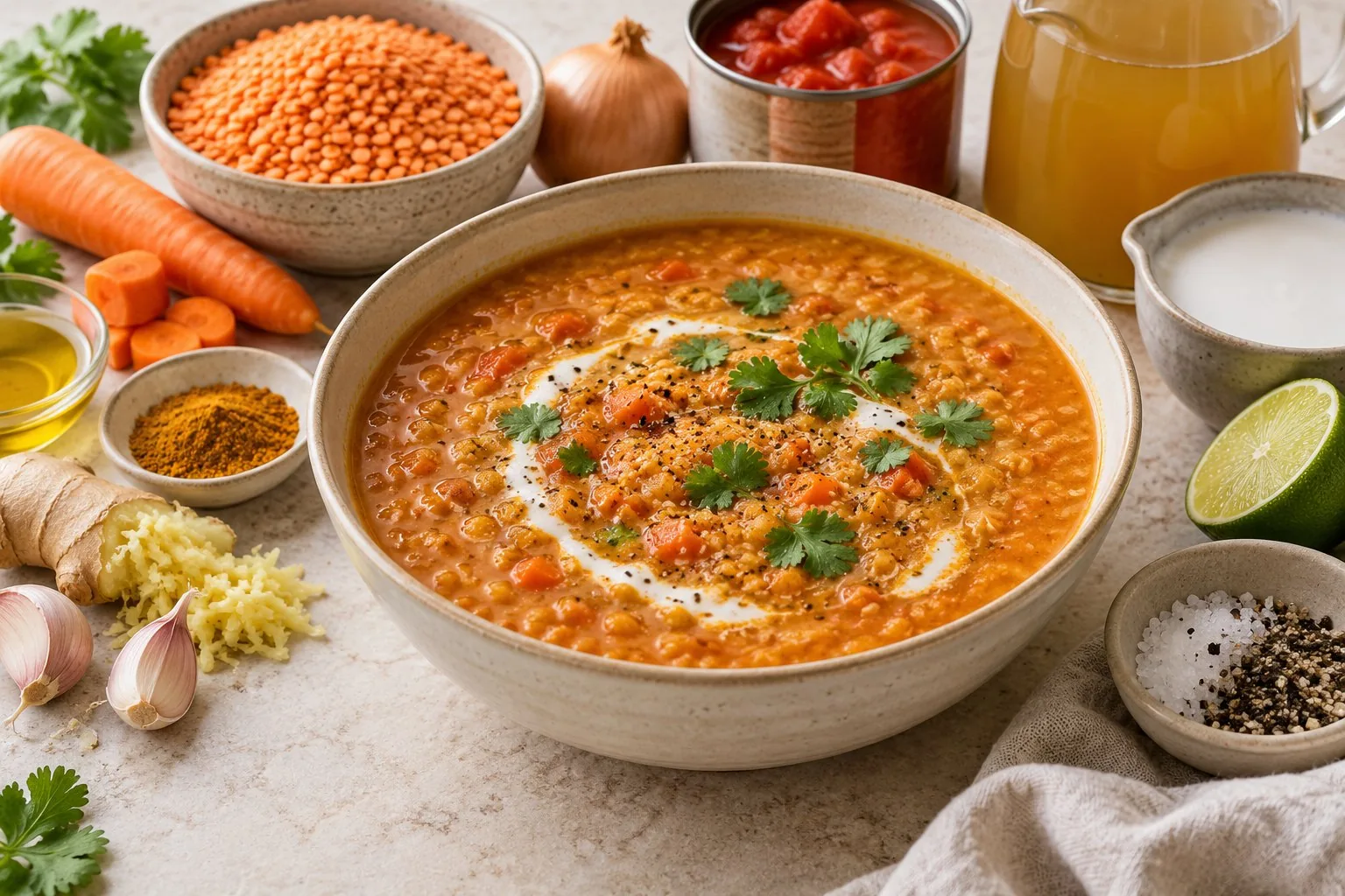 Red lentil coconut soup — AI-generated recipe illustration