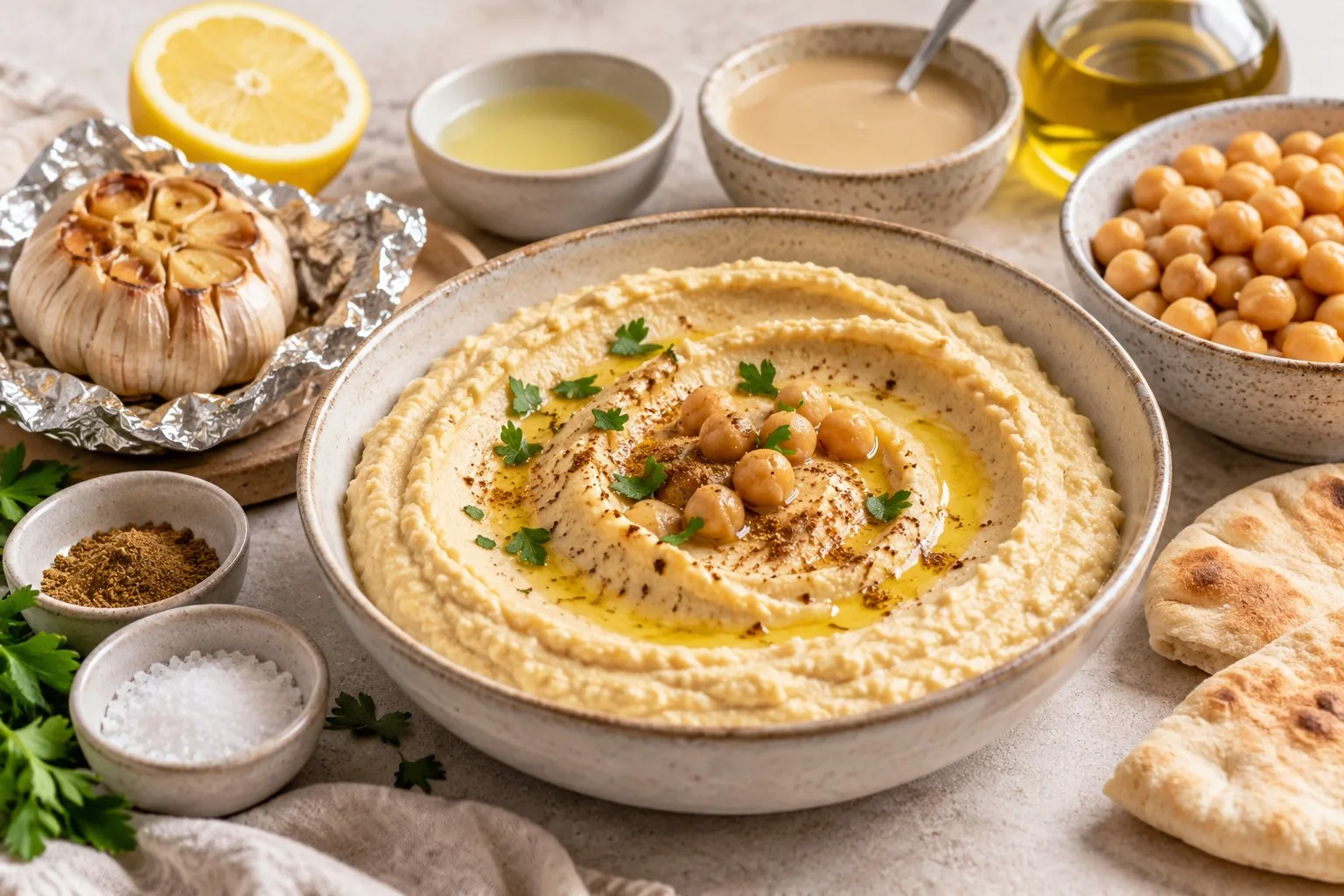 Creamy Roasted Garlic Hummus — AI-generated recipe illustration